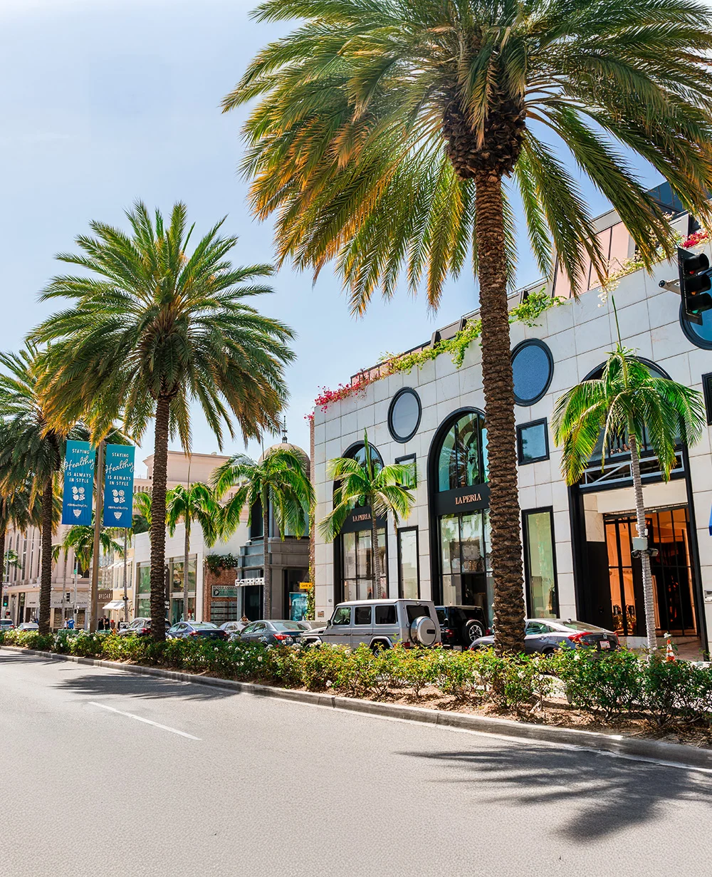 A wide-angle view of Rodeo Drive in Beverly Hills shows a sunny street lined with upscale shops and designer storefronts. Tall palm trees cast shadows on the road, and multi-story beige and white buildings feature distinct architectural details. A few cars are parked along the curb, and a traffic light is visible in the background. Low shrubs line the roadside, contributing to the luxurious, vibrant atmosphere. - Out of Town Recovery in Beverly Hills, CA