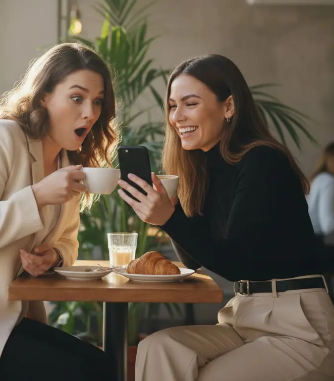 women drinking coffe looking at phone